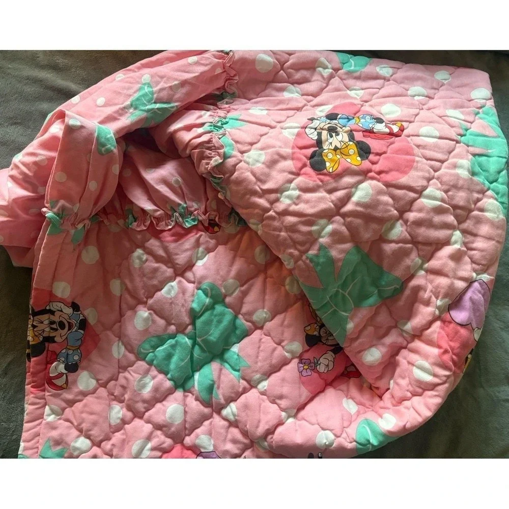 Vintage 90s Minnie Mouse Twin Bedspread Ruffle Coverlet Quilt Pink Polka Dot